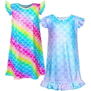Pashop 2pcs Girls Nightgowns, Mermaid Short Sleeve Sleepwear Nightie Nightgown Princess Pajama Dresses for 4-5 Girls