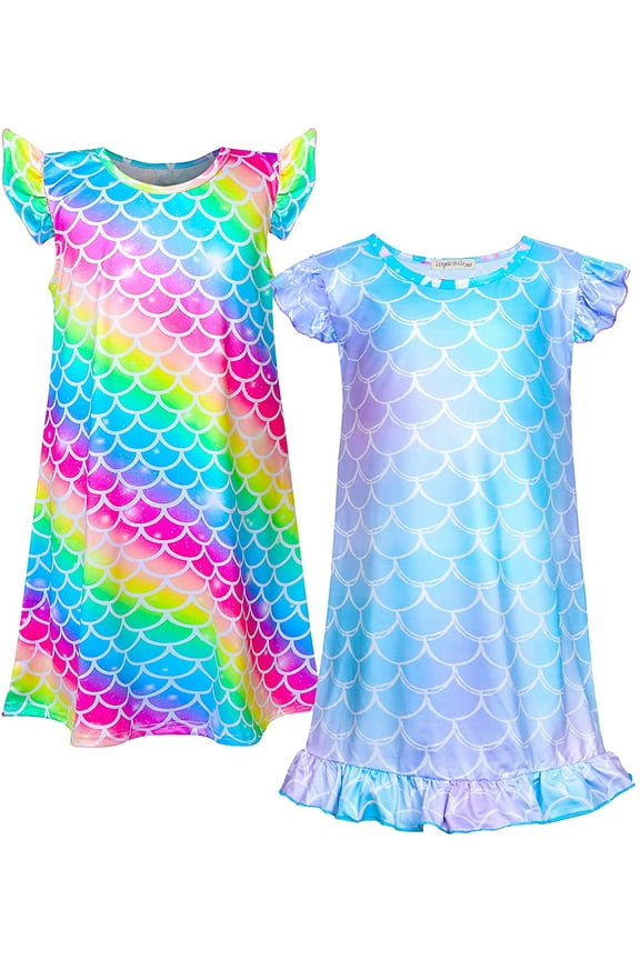 2pcs Girls Nightgowns, Mermaid Short Sleeve Sleepwear Nightie Nightgown Princess Pajama Dresses for 6-7 Girls