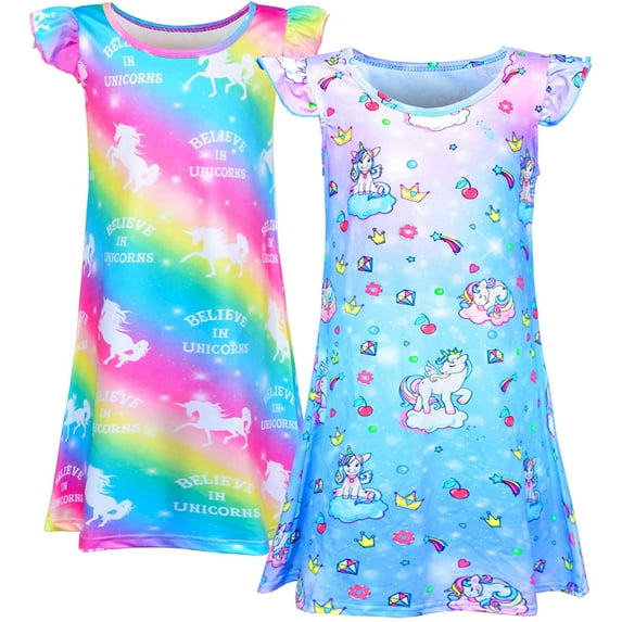 Pashop 2pcs Girls Nightgowns, Unicorn Short Sleeve Sleepwear Nightie Nightgown Princess Pajama Dresses for 4-5 Girls