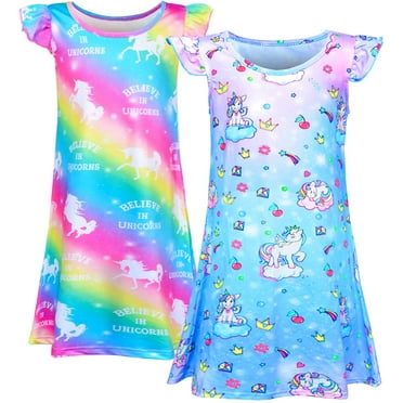 Pashop 2pcs Girls Nightgowns, Unicorn Short Sleeve Sleepwear Nightie Nightgown Princess Pajama Dresses for 8-9 Girls