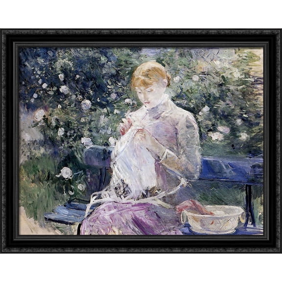 Pasie sewing in Bougival's Garden 36x28 Large Black Ornate Wood Framed Canvas Art by Berthe Morisot