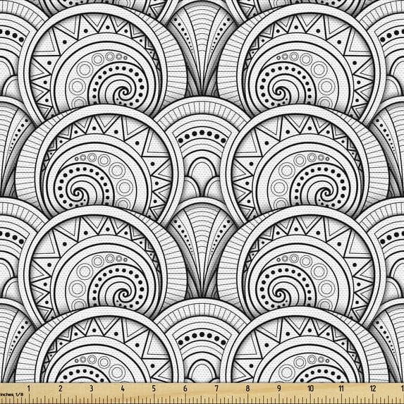 Ambesonne Pasiley Fabric by the Yard Upholstery, Achromatic Oriental Motifs, 3 Yards, White and Charcoal Grey