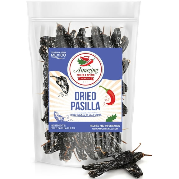 Pasilla Chiles Dried 4 oz - Staple in Mexican Cooking - Moles, Sauces, Stews, Salsa, Mild Heat - Punget and Tangy Flavor