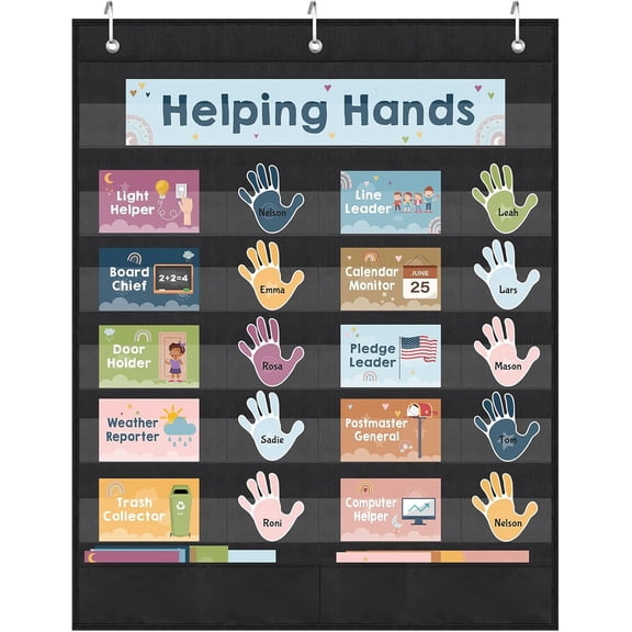 Pasimy 62 Pcs Helping Hands Pocket Chart Classroom Jobs Cards for Classroom with Hooks 25.6 22 in Class Pocket Chart Teacher Helper Class Management Educational Pocket Chart for Preschool Classroom