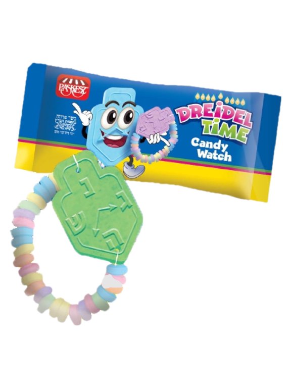 Paskesz Hanukkah Dreidel Time Candy Watch Bracelets, Assorted Fruit Flavors, Dreidel Shaped Charms, 12 Count