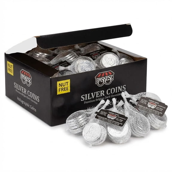 Paskesz Hanukkah Nut-Free Chocolate Gelt Coins, Dark Chocolate, Kosher Parve, Silver Holographic Foil, 24 Pack