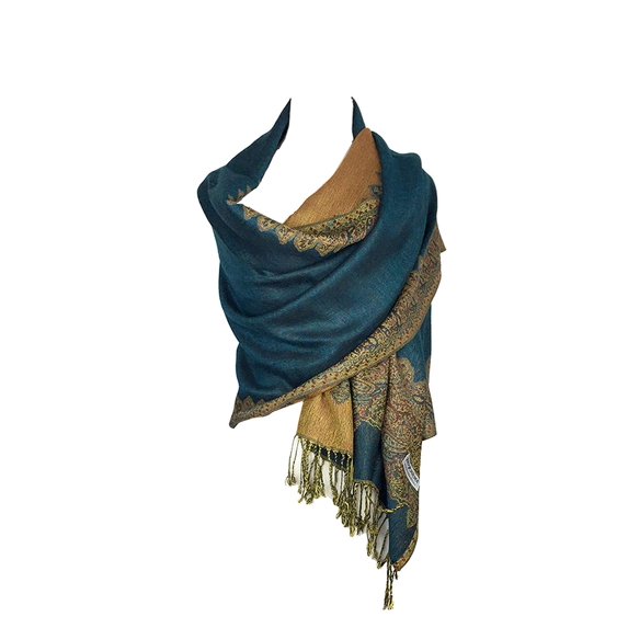 Paskmlna Border Pattern Double Layered Reversible Woven Pashmina Shawl Scarf Wrap Stole #05