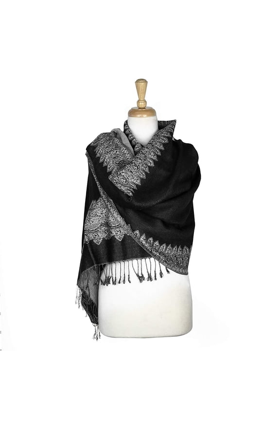 Paskmlna Border Pattern Double Layered Reversible Woven Pashmina Shawl Scarf Wrap Stole #22