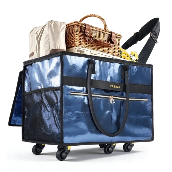 Pasman Reusable Grocery Bag with 6 Wheels, Foldable Rolling Tote, Heavy Duty Shopping Cart for Groceries & Laundry - Navy Blue, 70L