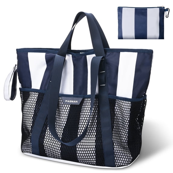 PASMAN Large Beach Bag with Zipper - 8 Pockets Sandproof Beach Tote Bag for Women,Foldable Lightweight Family Swim Bag Vacation