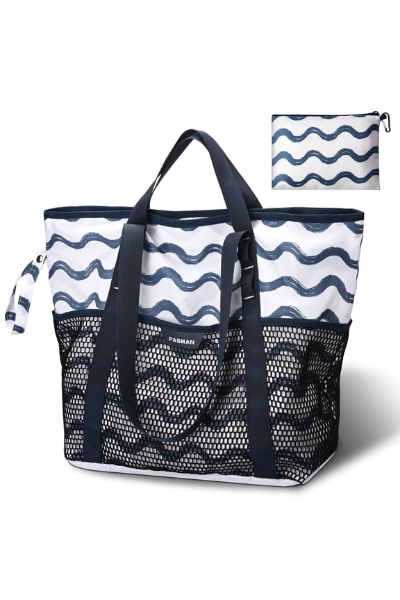 Large Beach Bag with Zipper - 8 Pockets Sandproof Beach Tote Bag for Women,Foldable Lightweight Family Swim Bag Vacation