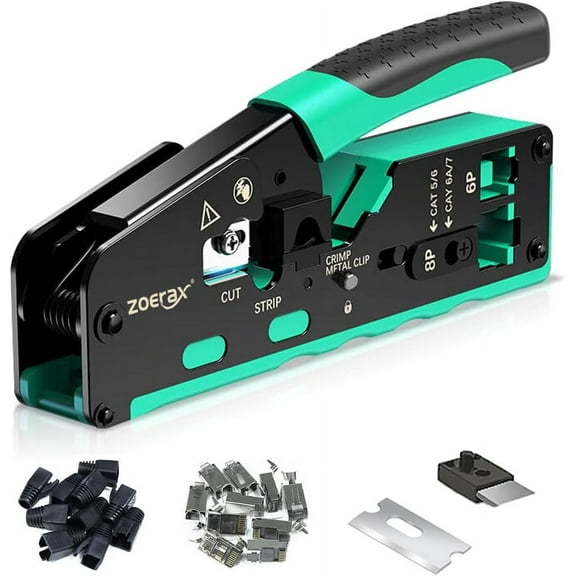 Pass Through RJ45 Crimp Tool with 10PCS Cat7 Connectors and Strain Relief Boots, Ethernet Wire Cutter Crimper for Cat7 Cat6A Cat6 Cat5e Cat5 RJ45 Connectors, Green