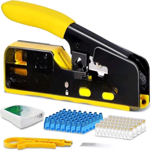 Pass Through RJ45 Crimp Tool Kit All-in-One Ethernet Crimper Cat7 Cat6 Cat5 Crimping Tool with Network Cable Tester, 50-Pack Cat6 RJ45 Pass Through Connector, 50-Pack Connector Boots