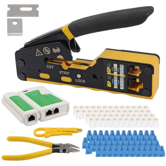 Pass Through RJ45 Crimp Tool Kit Ethernet Crimper CAT5 Cat5e Cat6 Crimping Tool Kit,for RJ11/RJ12 6P/8P with Network Lan Cable Tester, 50PCS Cat6 Connectors, 50PCS Boots, Mini Cable Stripper