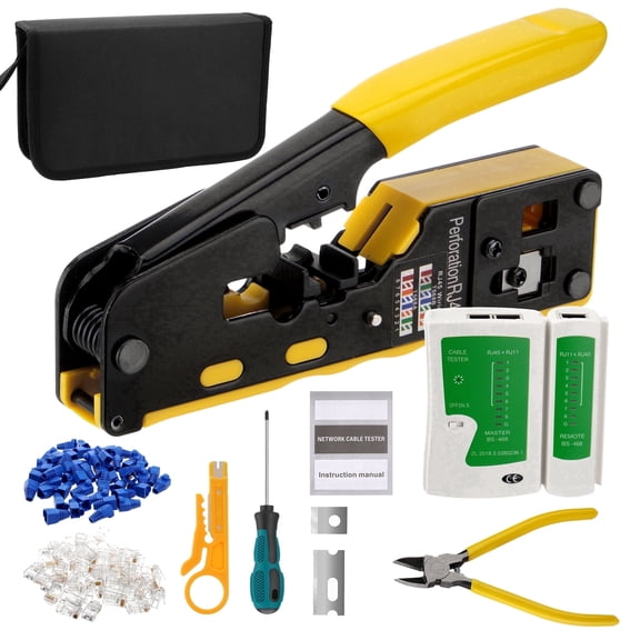 Ethernet RJ45 Pass‑Through Crimping Tool Kit for Cat7 Cat6 Cat5, with Crimper, Cable Tester, Connector Boots, Wire Stripper, Cutter and Carrying Bag