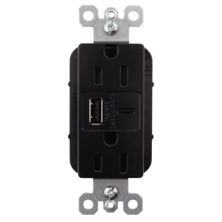 Pass & Seymour R26USBACBK Radiant USB-A + USB-C TR Receptacle, 15A, 125V, Black