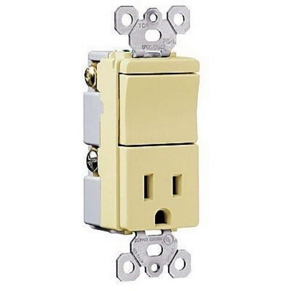 Pass & Seymour Legrand TM818-I Combination Rocker Light Switch & Single Outlet Receptacle, Decorator, Single Pole, Back & Side Wire, Gounding, 15A 120V, Ivory