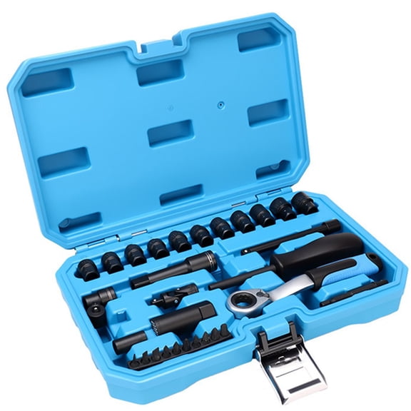 Pass Through Socket Set Slim Offset Design Anti-Slip Open End Ergonomic Handle Reversing Ratchet Extension Bar Adaptors Chromium Vanadium Steel Workshop Garage(31pcs)