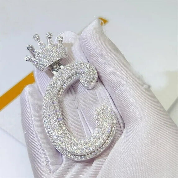 Pass Tester! RealMoissanite Crown Bail Initial Letter C Pendant Solid 925 Silver