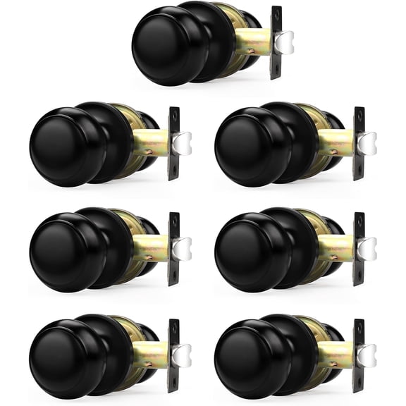 Passage Door Knobs 7 Pack, Keyless Door Handles with Solid Latch, Flat Ball Knobs, Interior Closet Hallway Doorknob, Matte Black Finish