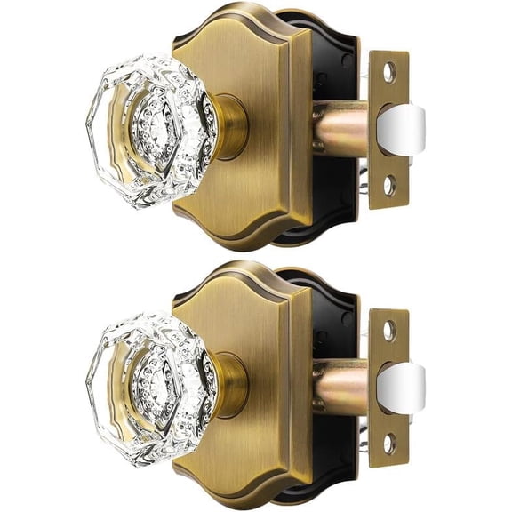 Passage Door Knobs for Hallway and Closet, Glass Door Handles with Non-Locking Latch, Octagonal Clear Crystal Door Knobs 2 Pack, Antique Bronze Vintage Rosette with Heavy Duty Crystal