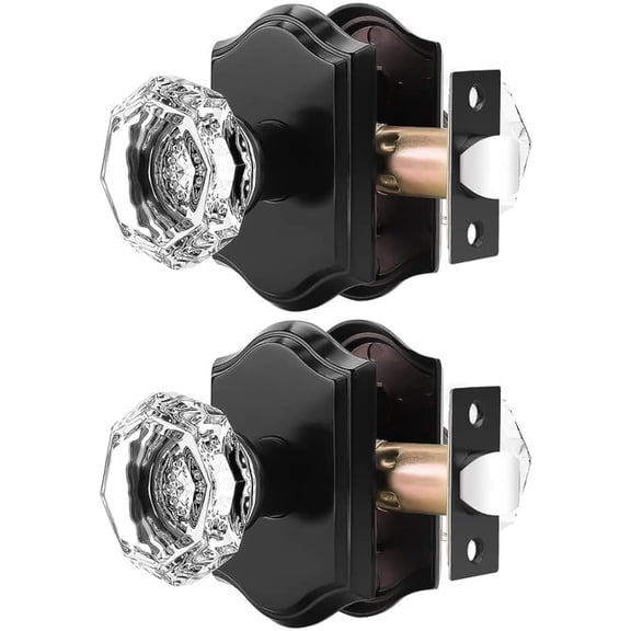 Passage Door Knobs for Hallway and Closet, Glass Door Handles with Non-Locking Latch, Octagonal Clear Crystal Door Knobs 2 Pack, Black Vintage Rosette with Heavy Duty Crystal