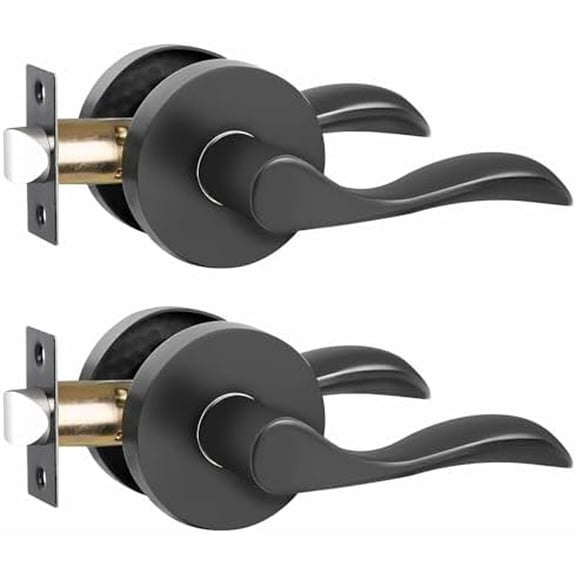 Passage Door Levers, 2 Pack Matte Black Door Handles Interior for Hallway and Closet, Heavy Duty Round Non-Locking Door Levers Set, Reversible Wave Style Levers for Right & Left Sided Door