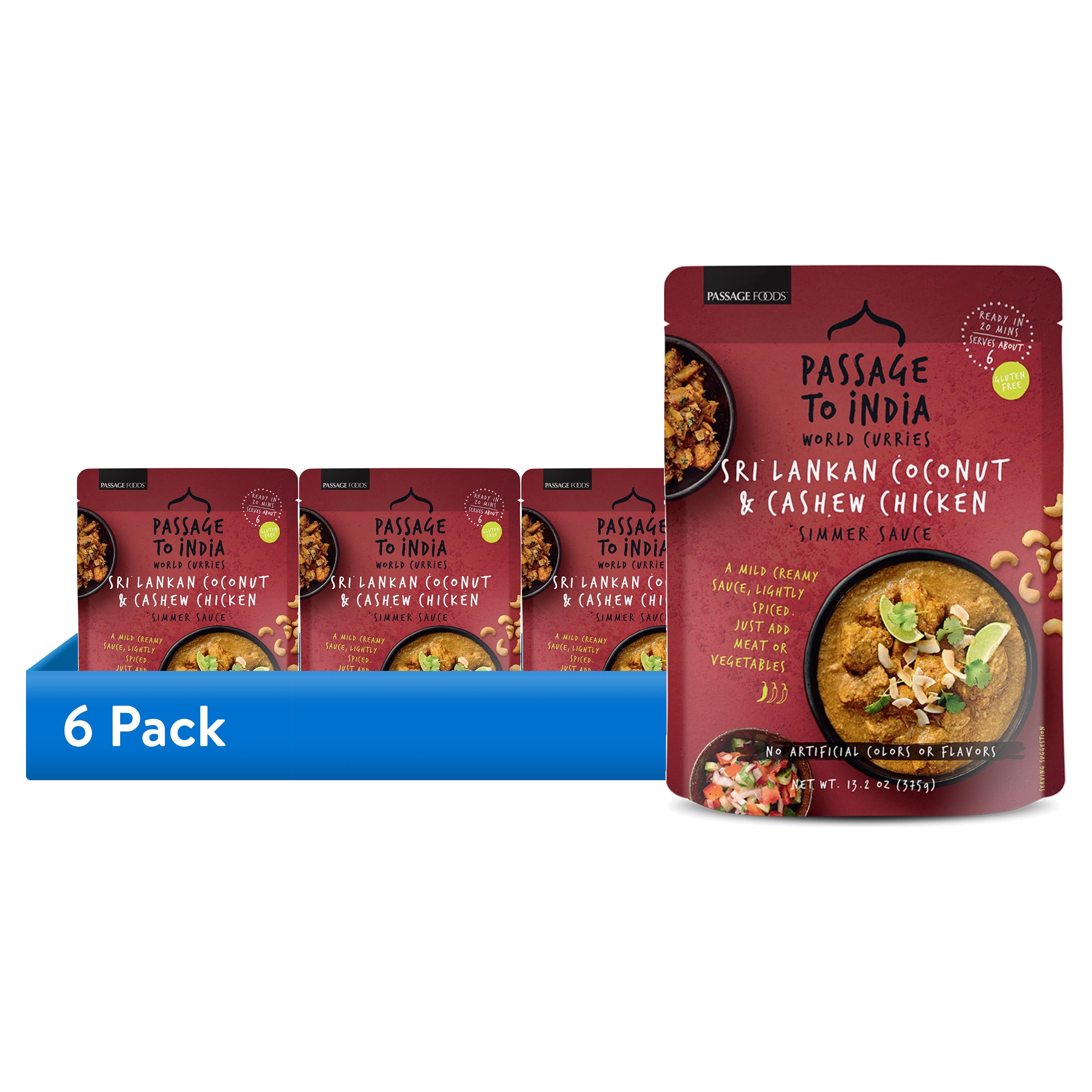 (6 pack) Passage to India Sri Lankan Coconut & Cashew Chicken Simmer Sauce, Mild Coconut Curry Sauce, Gluten-Free, Serves 4, 13.2 oz