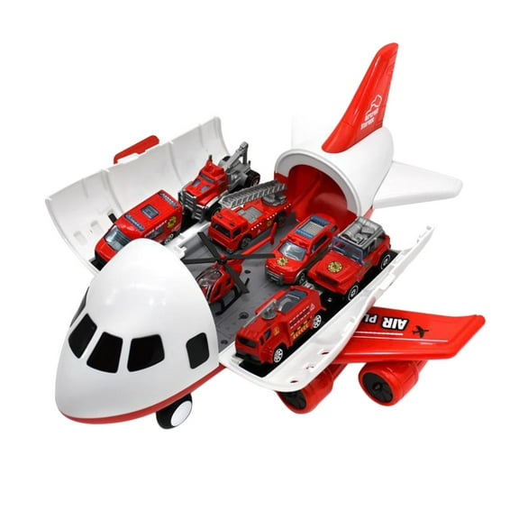 Passenger Plane Carrier Kids Air Freighter Toy with 6 Vehicles for Kids Holiday Birthday Gift - Red_ 6 Fire Fighting Trucks