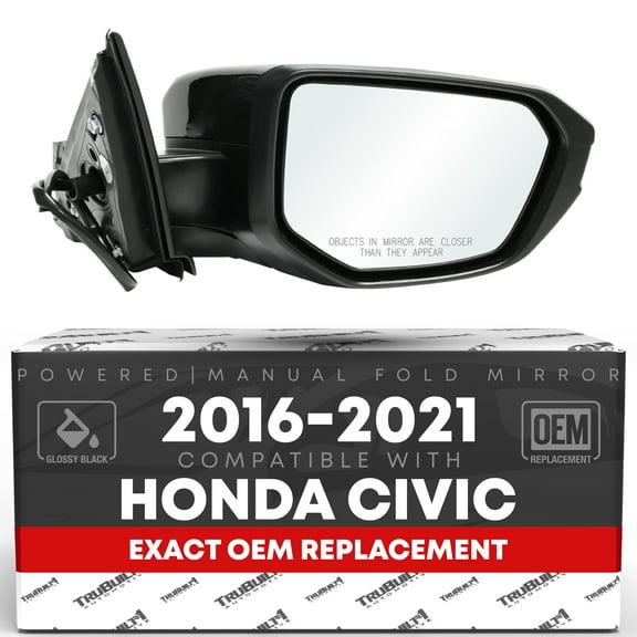 Passenger Side Mirror Replacement - Compatible with 2016-2021 Honda Civic - Powered Adjustment, Manual Fold, Convex Glass - Smooth Black, 4H3P - OEM 76208TBAA02ZA, 76201TBAA11ZF, HO1321283