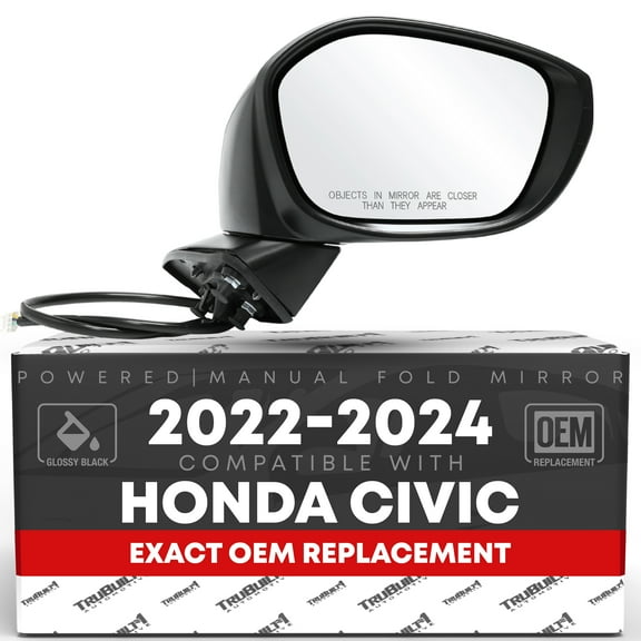 Passenger Side Mirror Replacement - Compatible with 2022-2024 Honda Civic - Powered Adjustment, Manual Fold, Convex Glass - Smooth Black, 8H3P - OEM 76208T20A01, 76208T20A02, 76201T20, HO1321350