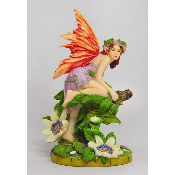 Passiflora Orange Winged Fairy Sitting on a Branch Statue Figurine