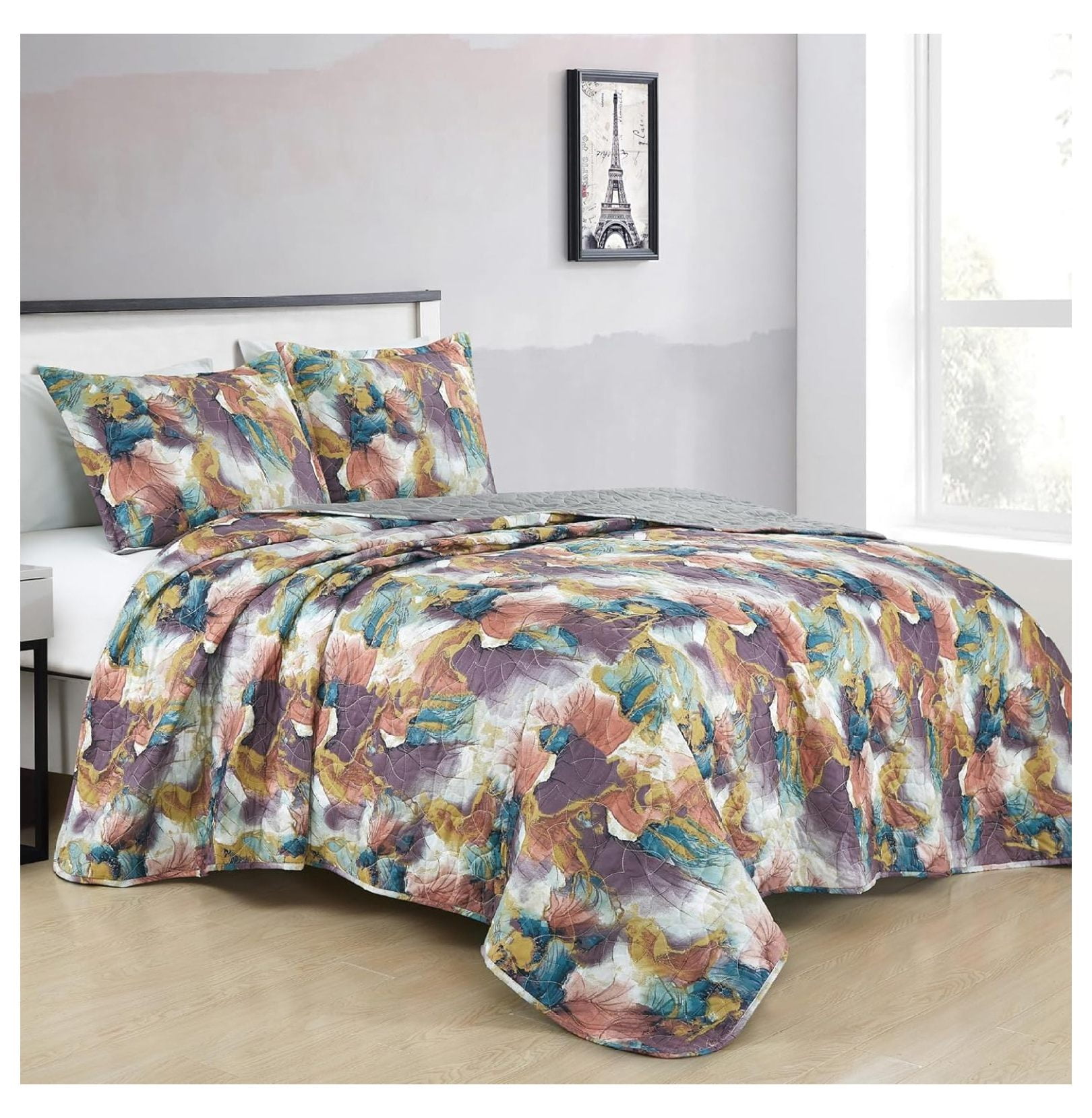 Passion 3Piece Floral Quilt Set King Multicolor Purple Red Blue