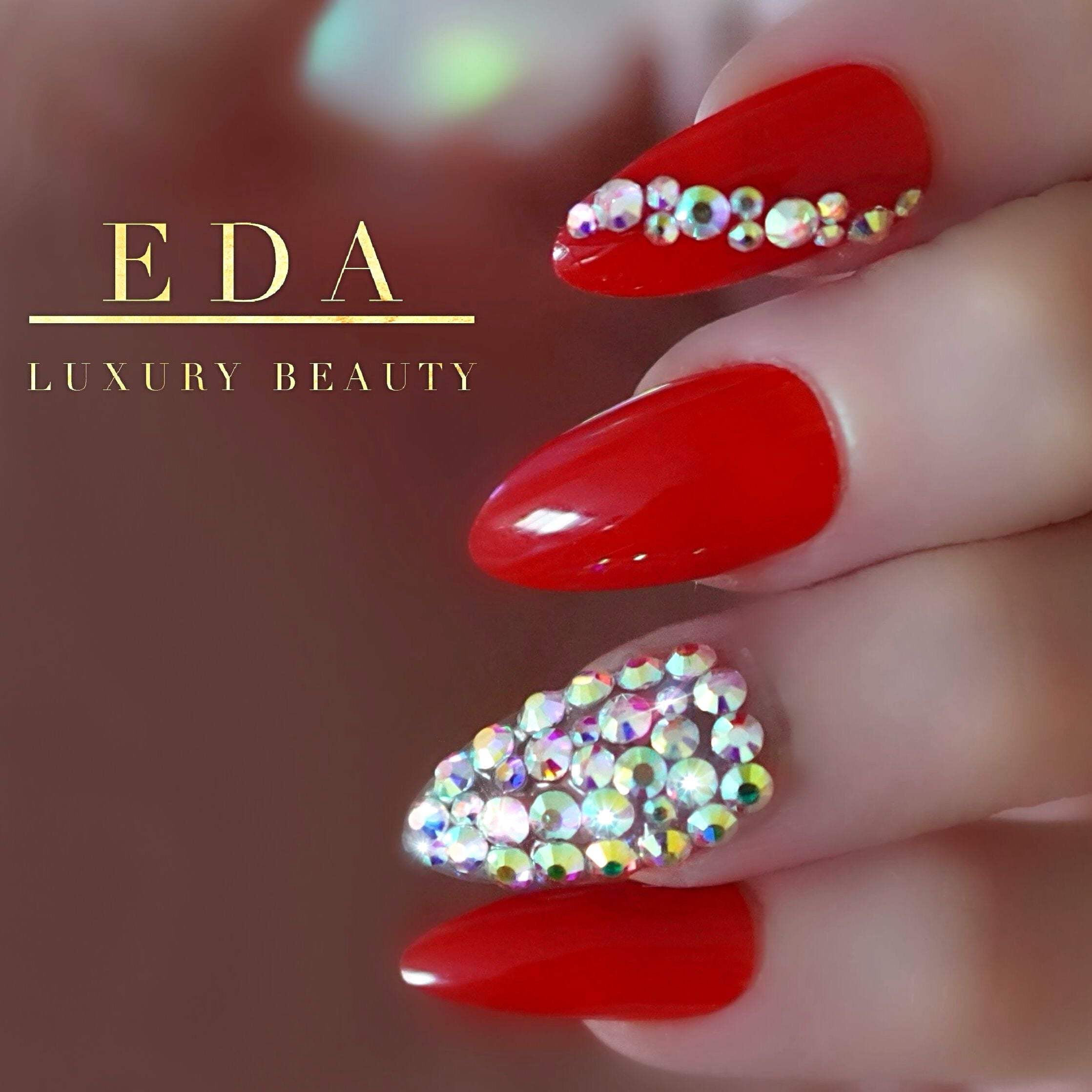Passion Chic, Red 3D Crystal Press On Nails, Long Almond Stiletto Rhinestone Design Fake Nails Set