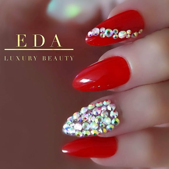 Passion Chic, Red 3D Crystal Press On Nails, Long Almond Stiletto Rhinestone Design Fake Nails Set