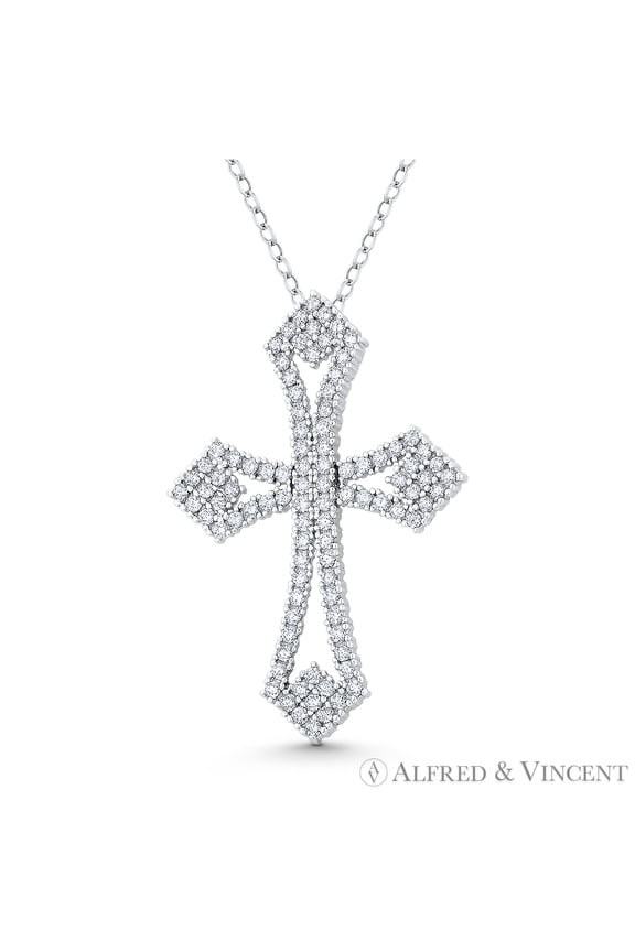 Passion Cross Cubic Zirconia CZ Crystal Pave 34x23mm (1.3x0.9in) Christian Pendant & Chain Necklace in .925 Sterling Silver w/ Rhodium