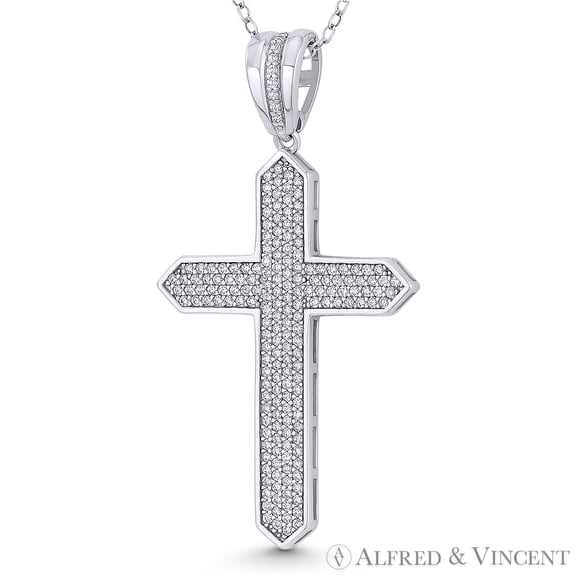 Passion Cross Cubic Zirconia CZ Crystal Pave 47x25mm (1.9x1in) Christian Pendant & Chain Necklace in .925 Sterling Silver w/ Rhodium