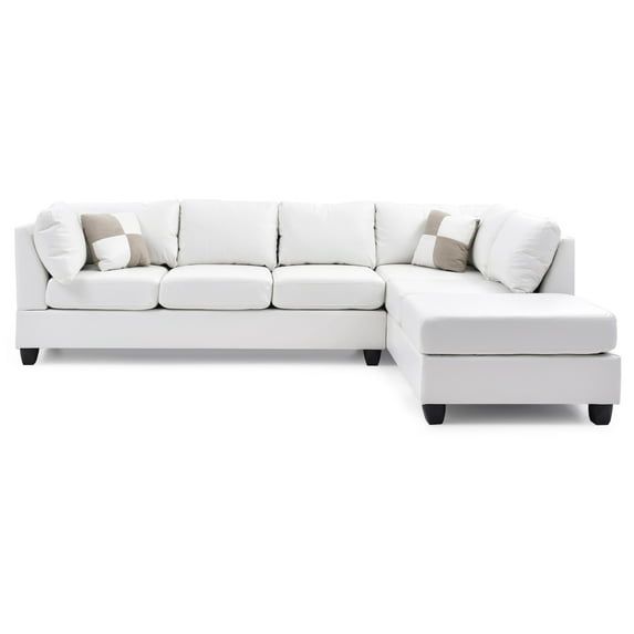 Malone 111 in. White Faux Leather 4-Seater Sectional Sofa with 2-Throw Pillow-Color:White,Material:Faux Leather