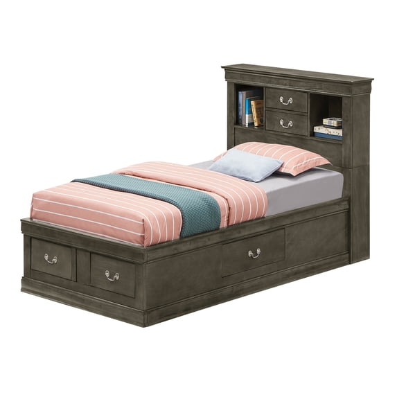 Louis Philippe Gray Twin Storage Platform Bed with 6 Storage Drawers