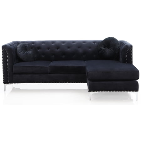 Pompano 83 in. Black Tufted Velvet Sectional with 2-Throw Pillow