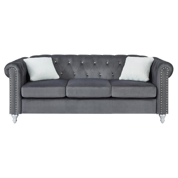 Raisa 83 in. Gray Velvet 3-Seater Sofa with 2-Throw Pillow