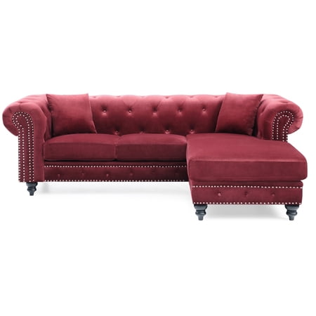 Nola 98 in. Burgundy 3-Seater Velvet Sofa with 2-Throw Pillow