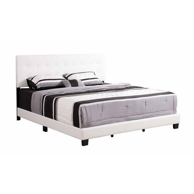 Passion Furniture  Caldwell Faux Leather Button Tufted Panel Bed, White - King Size