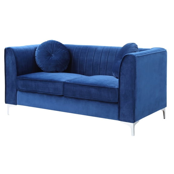Passion Furniture Delray 65 in. Navy Blue Tuxedo Arm Velvet Loveseat with 2-Throw Pillow