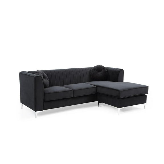 Passion Furniture Delray 87 in. Black Velvet L-Shape 3-Seater Sectional Sofa with 2-Throw Pillow