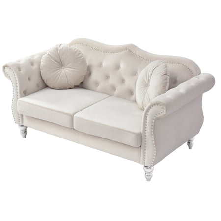 Passion Furniture Hollywood 68 in. Ivory Velvet Chesterfield Loveseat with 2-Throw Pillow