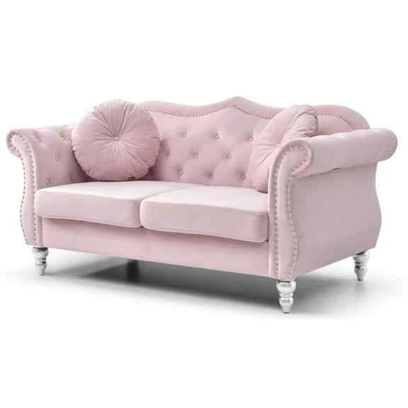 Passion Furniture Hollywood 68 in. Pink Velvet Chesterfield Loveseat with 2-Throw Pillow