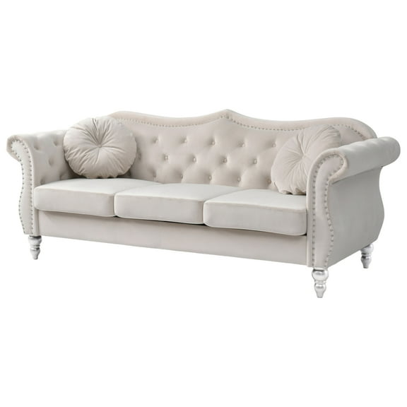 Passion Furniture Hollywood 82 in. Ivory Velvet Chesterfield 3-Seater Sofa with 2-Throw Pillow