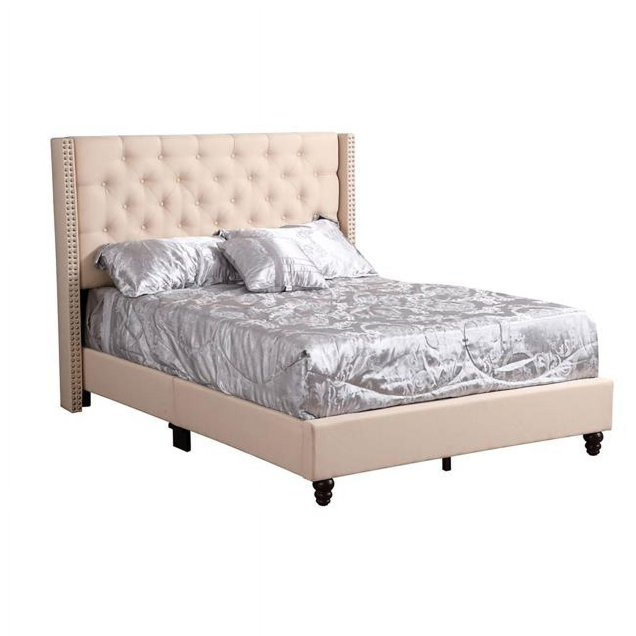 Julie Beige Velvet Tufted Full Panel Bed with Nailhead Trim