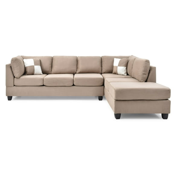Passion Furniture Decorative Malone 111 In. Mocha Suede 4-Seater Sectional Sofa With 2-Throw Pillow